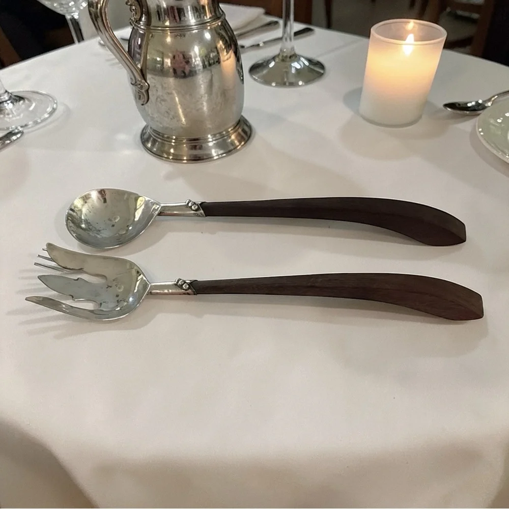 Mid-Century Sterling Silver Salad Servers Wood Handle 13” Plata Mexico DF